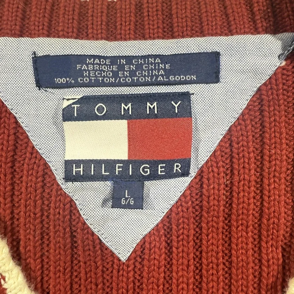 Vtg Tommy Hilfiger Sweater Vest Mens Large Red V Neck Sleeveless‎ Ribbed Preppy